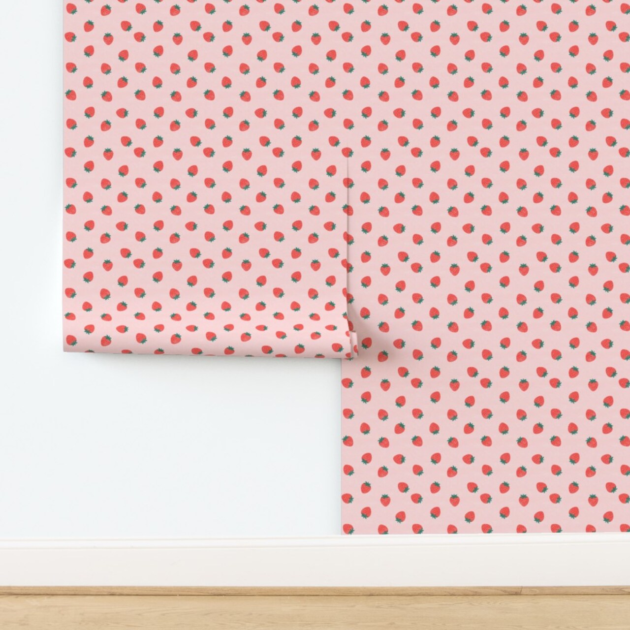 Little Strawberry Pink Summer Small Scale Whimsical Fruit Food Playful Cute Boho Baby Custom Pre-pasted Wallpaper by Spoonflower Pre-Pasted Wallpaper 2FT Wide 16701132